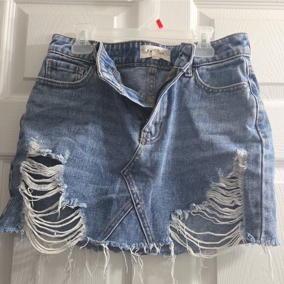 Pacsun Los Angeles Denim Mini Skirt Jean Cut Button Zip Distressed Waist 25 - Picture 8 of 8